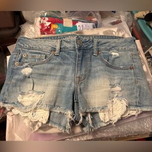 American Eagle Outfitters Light Blue Distressed Denim Lace-Trim Shorts